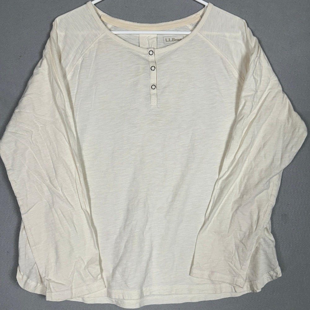 L.L. Bean Henley Top Womens XL Cream Slub Knit Raglan Long Sleeve Blouse EUC